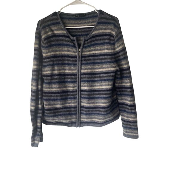 Eagle's Eye Vintage 90s Large 100% Wool Blue Striped Grunge Full Zip Sweater - Picture 1 of 8